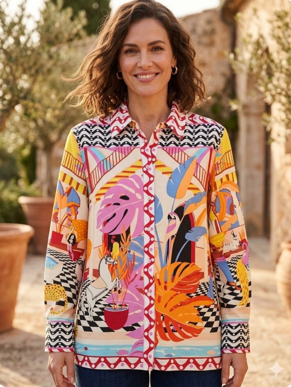Rachel Zoe Vibrant Tropical Print Button-Front Blouse - Pink, Yellow, Blue